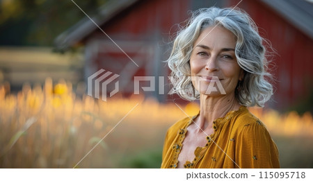 Woman in Yellow Shirt Standing in Front of Barn 115095718