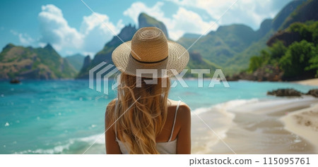 Woman Standing on Beach With Hat 115095761