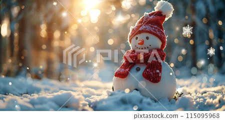 A Cheerful Snowman In A Snowy Winter Forest 115095968