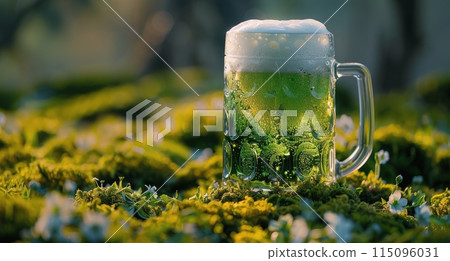A Glass of Green Beer on a Bed of Moss in the Early Morning A Glass of Green Beer on a Bed of Moss in the Early Morning 115096031