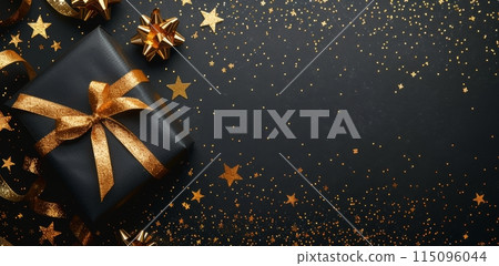 Black And Gold Gift Boxes On A Dark Background With Gold Stars 115096044