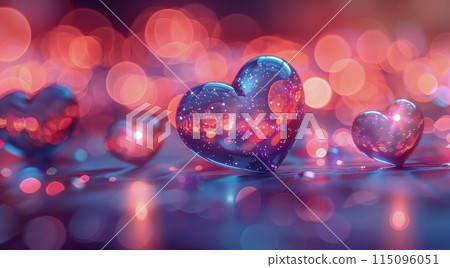 Glass Heart Ornaments Hanging in Front of Pink and Purple Bokeh Lights 115096051