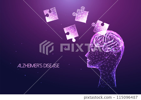 Alzheimer's disease futuristic concept with human head and brain, puzzle pieces falling in Alzheimer's disease futuristic concept with human head and brain, puzzle pieces falling in 115096487