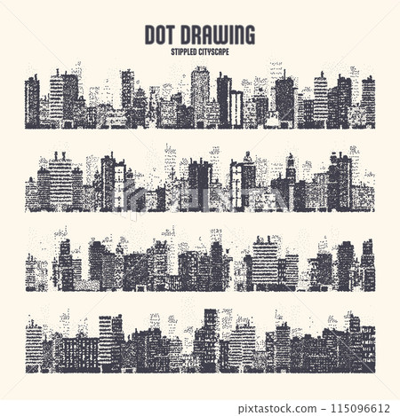 Stippled city silhouettes. Cityscape, town skyline. Midtown, downtown with buildings, houses and skyscrapers. Stippling, dot drawing and shading, stipple pattern, halftone effect. Vector illustration Stippled city silhouettes. Cityscape, town skyline. Midtown, downtown with buildings, houses and skyscrapers. Stippling, dot drawing and shading, stipple pattern, halftone effect. Vector illustration 115096612