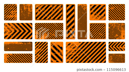 Orange grunge warning signs with diagonal lines. Old attention, danger or caution sign, construction site signage. Realistic notice signboard, warning banner, road shield. Vector illustration Orange grunge warning signs with diagonal lines. Old attention, danger or caution sign, construction site signage. Realistic notice signboard, warning banner, road shield. Vector illustration 115096613