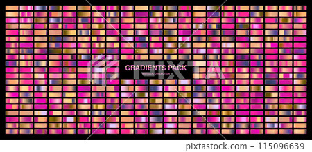 Red, violet glossy gradient, metal foil texture. Sunset color swatch set, summer vibes. Collection of high quality gradients. Shiny metallic background. Design element. Vector illustration 115096639