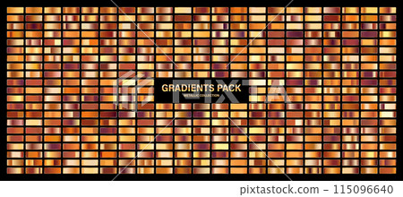 Bronze, copper orange glossy gradient, metal foil texture. Color swatch set. Collection of high quality gradients. Shiny metallic background. Design element. Vector illustration 115096640