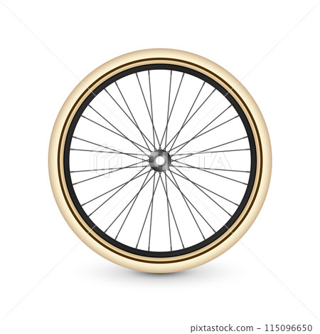 Realistic 3d retro bicycle wheel. Bike rubber tire, shiny metal spokes and rim. Fitness cycle, touring, sport, road and mountain bike. Vector illustration Realistic 3d retro bicycle wheel. Bike rubber tire, shiny metal spokes and rim. Fitness cycle, touring, sport, road and mountain bike. Vector illustration 115096650