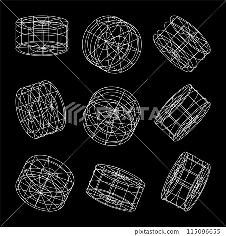 Wireframe lined shapes. Perspective mesh, 3d grid. Low poly geometric elements. Retro futuristic design elements, y2k, vaporwave and synthwave style. Vector illustration Wireframe lined shapes. Perspective mesh, 3d grid. Low poly geometric elements. Retro futuristic design elements, y2k, vaporwave and synthwave style. Vector illustration 115096655