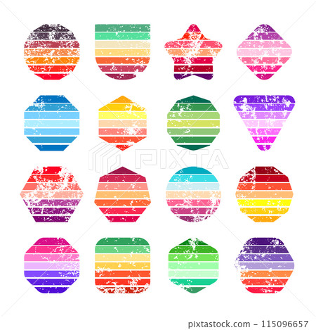 Grunge vintage sunset collection. Various colorful striped sunrise badges in 80s and 90s style. Sun and ocean view, summer vibes, surfing. Design element, print, logo or t-shirt. Vector illustration 115096657