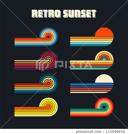 Vintage sunset collection. Various colorful striped sunrise badges in 80s and 90s style. Sun and ocean view, summer vibes, surfing. Design element for print, logo or t-shirt. Vector illustration 115096658