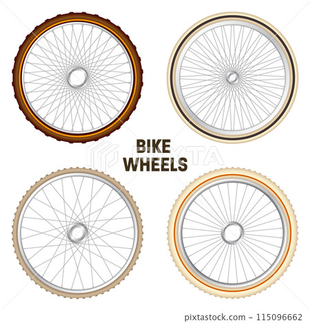 Realistic 3d retro bicycle wheels. Vintage bike rubber tyres, shiny metal spokes and rims. Fitness cycle, touring, sport, road and mountain bike. Vector illustration 115096662