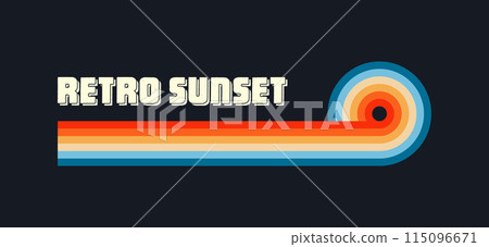 Vintage sunset collection. Various colorful striped sunrise badges in 80s and 90s style. Sun and ocean view, summer vibes, surfing. Design element for print, logo or t-shirt. Vector illustration Vintage sunset collection. Various colorful striped sunrise badges in 80s and 90s style. Sun and ocean view, summer vibes, surfing. Design element for print, logo or t-shirt. Vector illustration 115096671