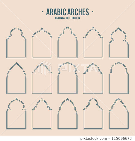 Islamic frames, oriental style objects. Arabic shapes, windows and arches. Traditional ornamental banner, frame. Muslim holidays, Ramadan Kareem. Modern eastern architecture. Vector illustration Islamic frames, oriental style objects. Arabic shapes, windows and arches. Traditional ornamental banner, frame. Muslim holidays, Ramadan Kareem. Modern eastern architecture. Vector illustration 115096673