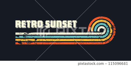 Grunge horizontal vintage sunsets. Various colorful striped sunrise badges in 80s and 90s style. Sun and ocean view, summer vibes, surfing. Design element, print, logo or t-shirt. Vector illustration Grunge horizontal vintage sunsets. Various colorful striped sunrise badges in 80s and 90s style. Sun and ocean view, summer vibes, surfing. Design element, print, logo or t-shirt. Vector illustration 115096681