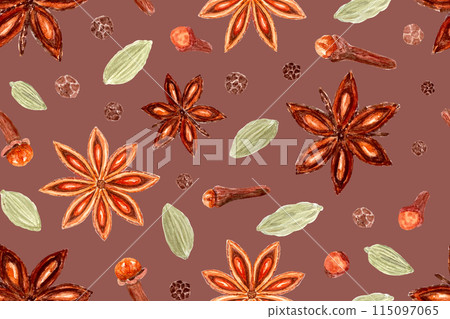 Star anise, cardamom, clove, black pepper watercolor seamless pattern on cacao background. Spices with detailed texture, shades. Perfect for culinary, kitchen textile, wrapping paper, spice containers 115097065