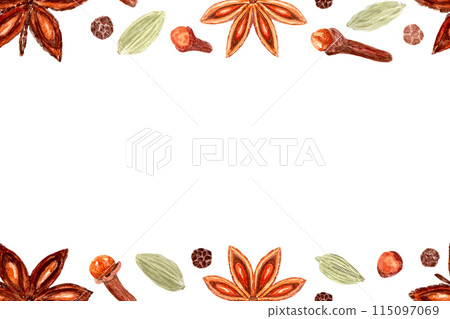 Star anise, cardamom, clove, black pepper watercolor seamless border on white. Spices with detailed texture and shades. Perfect for culinary, botanical projects, cards, posters, spice containers 115097069