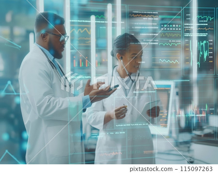 Two doctors in lab coats discuss medical data displayed on transparent digital screens in a modern lab. 115097263