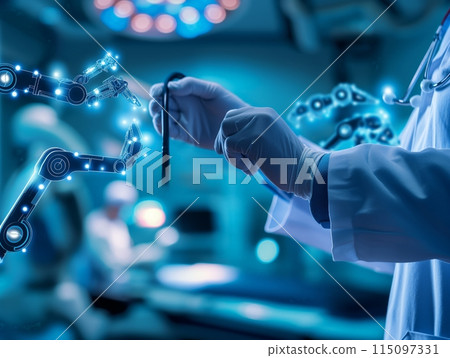 A surgeon collaborates with a robotic arm in a high-tech operating room, symbolizing advanced medical technology. 115097331
