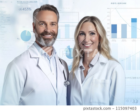 Two smiling doctors in lab coats stand in front of data charts, symbolizing medical research and healthcare analytics. Two smiling doctors in lab coats stand in front of data charts, symbolizing medical research and healthcare analytics. 115097403