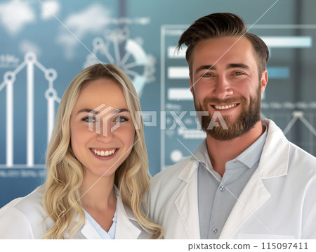 Two smiling scientists in lab coats stand in front of data charts, symbolizing teamwork and innovation. 115097411