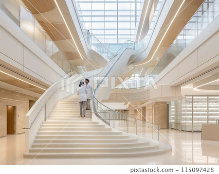 Two doctors converse on a grand staircase in a bright, modern hospital atrium with sleek design elements. Two doctors converse on a grand staircase in a bright, modern hospital atrium with sleek design elements. 115097428