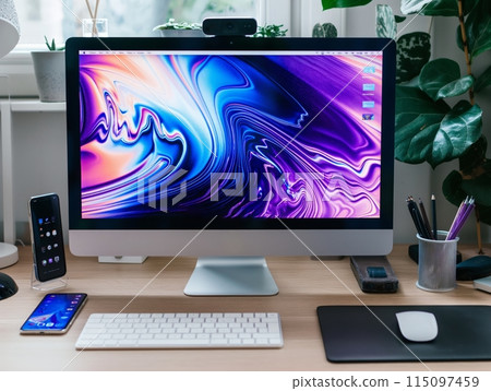 A sleek, modern workspace featuring a desktop computer with a vibrant screen, smartphone, keyboard, and office supplies. 115097459