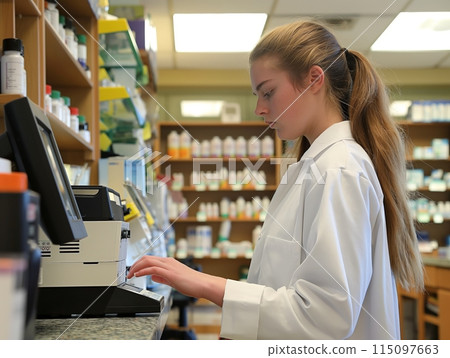 Female pharmacist in a white coat working at a computer in a pharmacy, surrounded by shelves of medication. 115097663