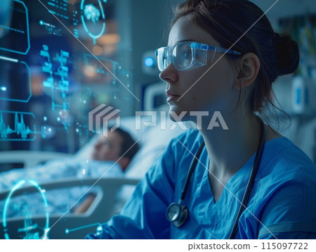 Nurse in scrubs and protective glasses analyzing medical data on a futuristic screen in a hospital room. Nurse in scrubs and protective glasses analyzing medical data on a futuristic screen in a hospital room. 115097722