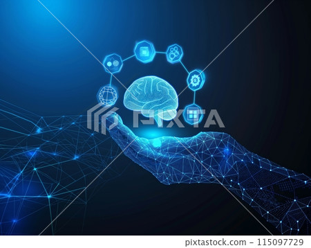A digital hand holds a glowing brain surrounded by technology icons, symbolizing AI and innovation. 115097729