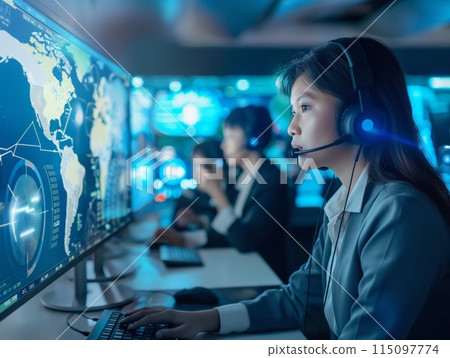 Professionals in a control room, wearing headsets, monitor global data on large screens, showcasing teamwork and technology. 115097774