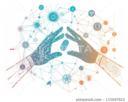 Two digital hands reaching towards each other, surrounded by interconnected technology icons, symbolizing innovation and connectivity. 115097823