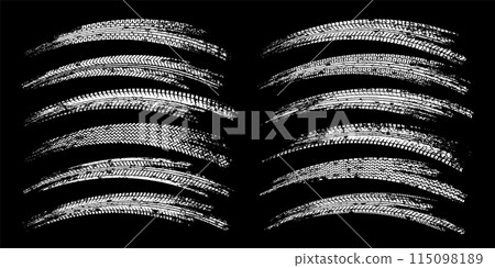 Grunge tire tracks, wheel braking marks. Truck, car or motorcycle tread pattern silhouettes. Auto race, motorsport, speed racing design element. Vector illustration Grunge tire tracks, wheel braking marks. Truck, car or motorcycle tread pattern silhouettes. Auto race, motorsport, speed racing design element. Vector illustration 115098189