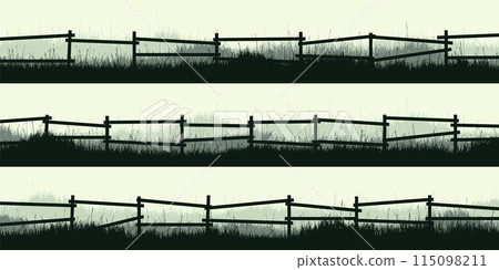 Meadow silhouettes with grass and old wooden fence. Countryside, panoramic summer lawn rural landscape with herbs, weeds. Herbal border, frame element. Green horizontal banners. Vector illustration 115098211