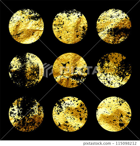 Grunge gold foil, shiny handmade circles. Golden glittering texture, pattern. Luxury shining hand drawn background. Wedding, greeting card decoration elements. Modern art. Vector illustration 115098212