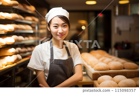 麵包店烘焙麵包的年輕女員工 麵包店烘焙麵包的年輕女員工 115098357