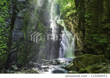 陽光透過鮮綠的水坎沼澤照射出來的夕夜瀑布 陽光透過鮮綠的水坎沼澤照射出來的夕夜瀑布 115098451