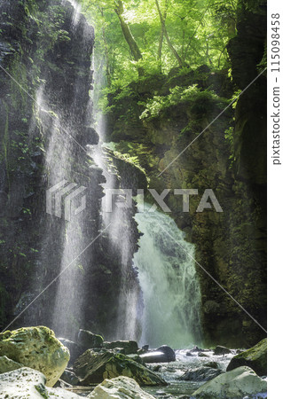 陽光透過鮮綠的水坎沼澤照射出來的夕夜瀑布 陽光透過鮮綠的水坎沼澤照射出來的夕夜瀑布 115098458