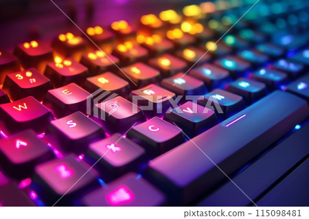Close up of a backlit mechanical keyboard in a dimly lit environment 115098481