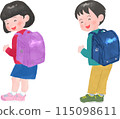 Elementary school student carrying a gouache-drawn school bag 115098611