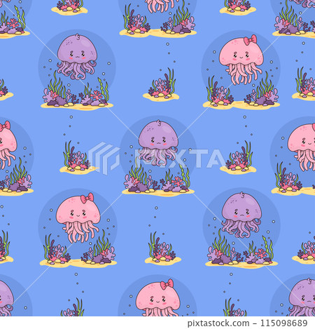 Seamless pattern with cute jellyfish boy and girl with underwater underworld landscape with algae on blue background. Vector illustration. Cartoon undersea character animals. Kids collection 115098689