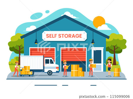 Self Storage Vector Illustration featuring Cardboard Boxes Filled with Unused Items in a Mini Warehouse or Rental Garage in a Flat Cartoon Background Self Storage Vector Illustration featuring Cardboard Boxes Filled with Unused Items in a Mini Warehouse or Rental Garage in a Flat Cartoon Background 115099006