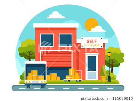 Self Storage Vector Illustration featuring Cardboard Boxes Filled with Unused Items in a Mini Warehouse or Rental Garage in a Flat Cartoon Background 115099010