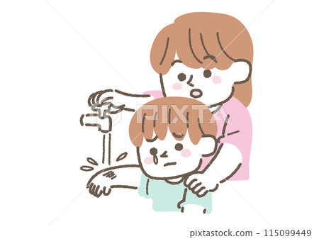 Illustration of a boy washing an injury Illustration of a boy washing an injury 115099449