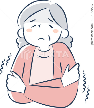 一名老年婦女因寒冷天氣而發抖的上半身 115099537