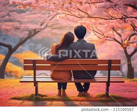 Couple sitting shoulder to shoulder on a park bench 115100567