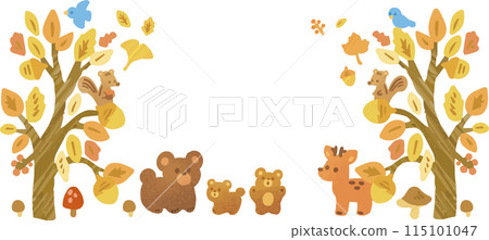Banner, decoration, autumn, animals, fallen leaves, leaves, watercolor, hand-drawn, cute, stylish, illustration material set 115101047