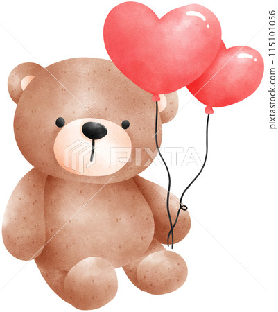 Cute teddy bear with heart balloons watercolor illustration 115101056