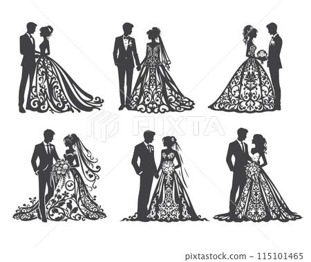 Elegant Wedding Couple Silhouettes in Ornate Attire 115101465