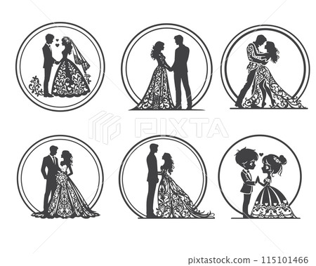 Elegant Wedding Couple Silhouettes in Ornate Attire Elegant Wedding Couple Silhouettes in Ornate Attire 115101466